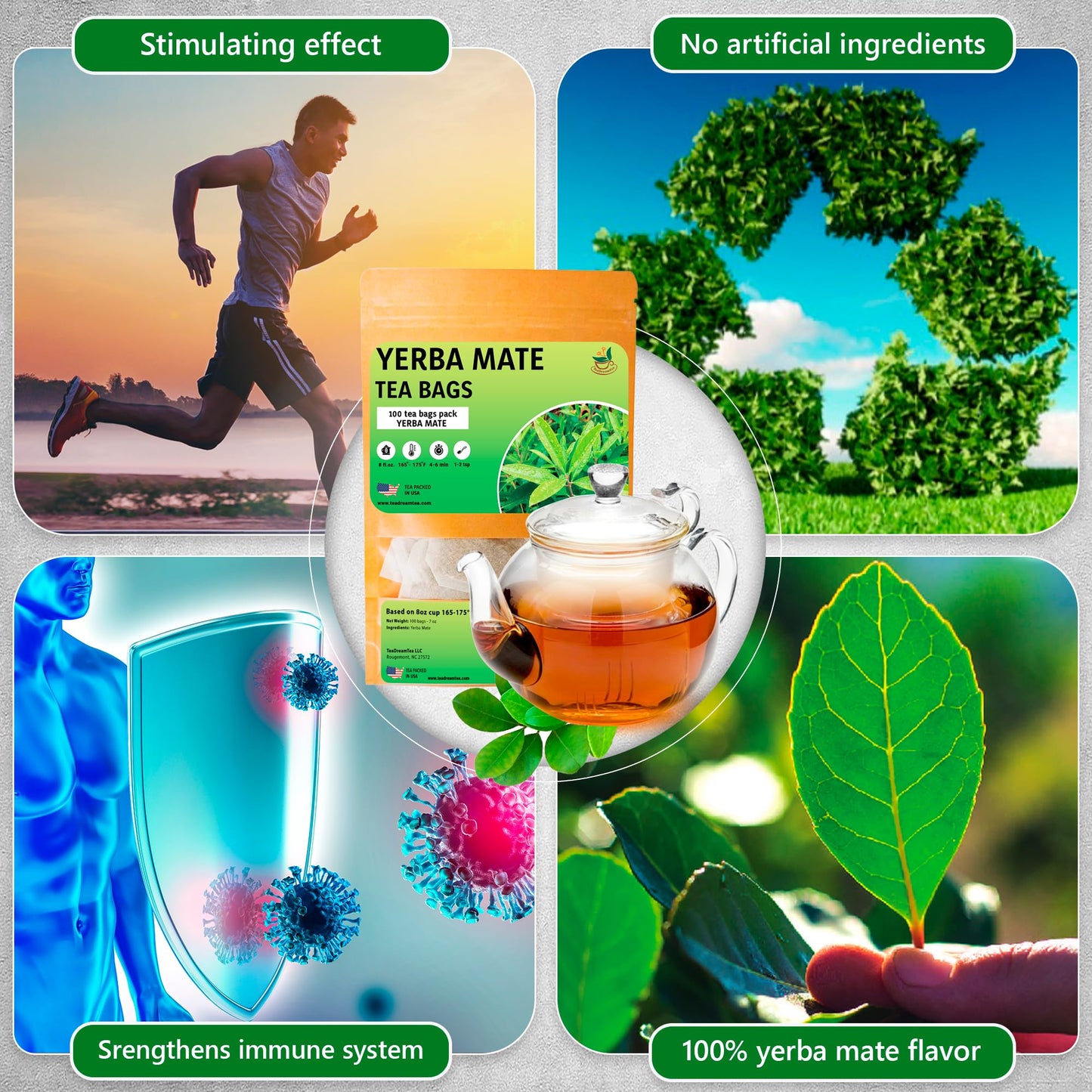 Yerba Mate Tea - Green Cut & Sifted - Unsmoked Energy Boost - 100 Tea Bags - Packed With Nutrients - Your Perfect Coffee Replace