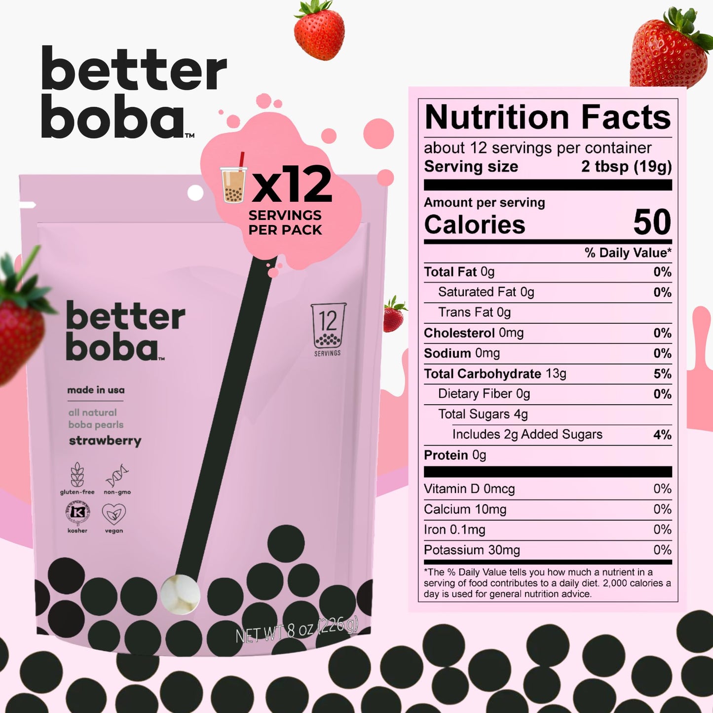 Better Boba All-Natural Strawberry Boba Pearls | Vegan, Gluten-Free, Non-Gmo, Kosher Boba For Bubble Tea, Desserts | 8 Oz Pack (