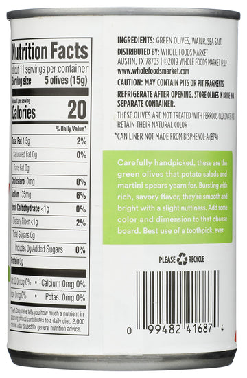 365 by Whole Foods Market Ripe Green Pitted Olives, 6 OZ - Perfect for Snacking and Cooking, Pack of 1