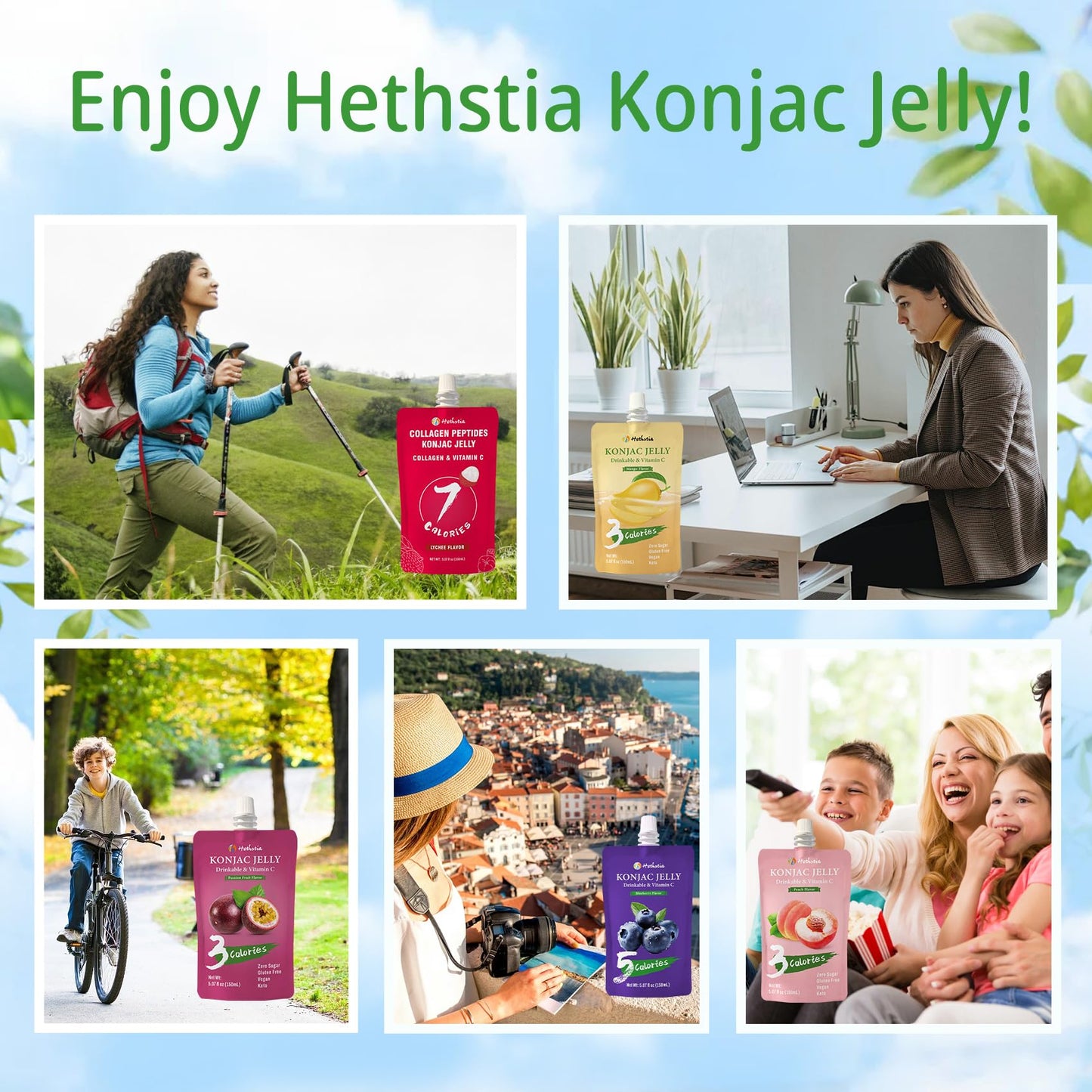 Hethstia Konjac Jelly Pouch Drinkable Variety Pack - Low Calorie, Gluten-Free, Vegan, Keto, Vitamin C, 10 Pack - Lychee, Blueber