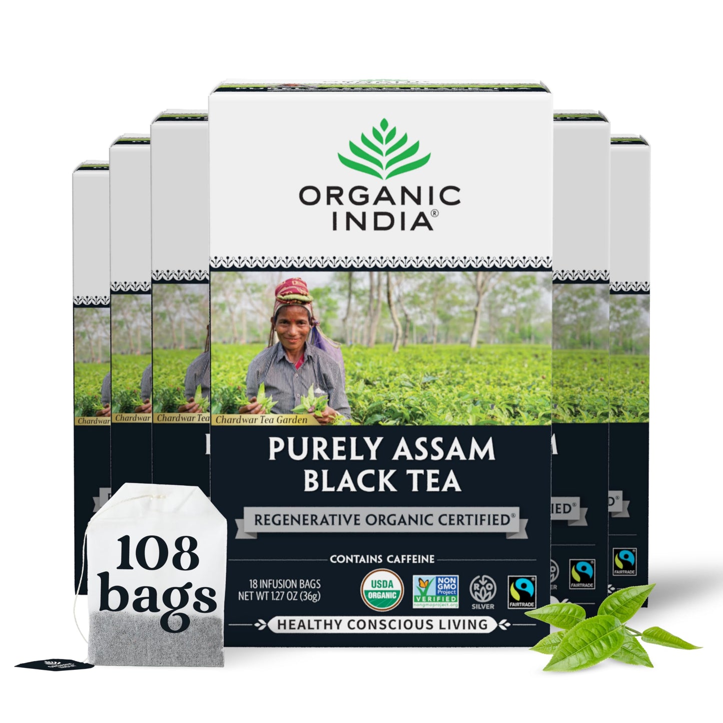 Organic India Purely Assam Black Tea - Caffeinated Herbal Tea Bags With Natural Assam Leaves Enjoy With Milk & Sweetener Usda Organic Non-Gmo Fairtrade Certified - 18 Bags (Pack Of 6)