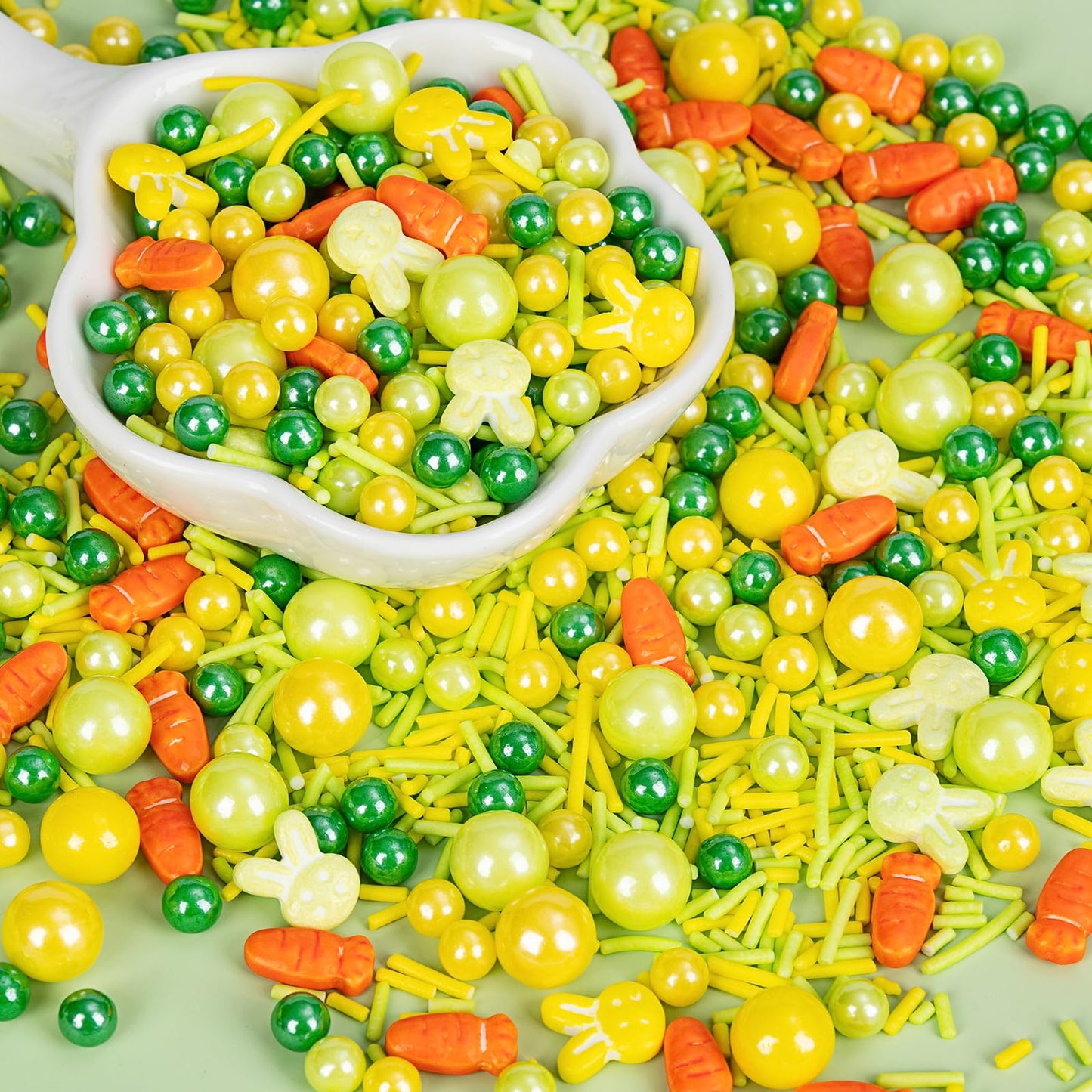 Edible Easter Sprinkles for Cake Decorating,130g,Rabbit Sprinkle,Green and Yellow Pearls and Jimmies,Orange Carrot,Easter Baking