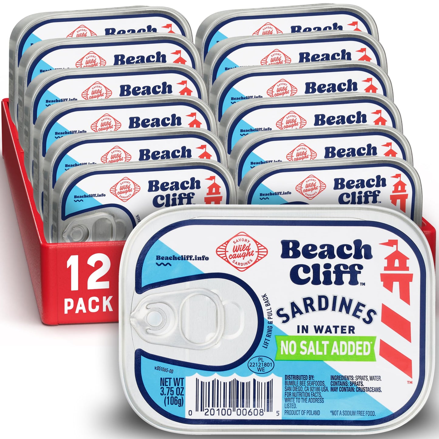 Beach Cliff Wild Caught Canned Sardines in Water No Salt Added - High Protein Keto Friendly Gluten Free - Ideal Can Sardines for Healthy Recipes - 3.75 Ounce (Pack of 12)