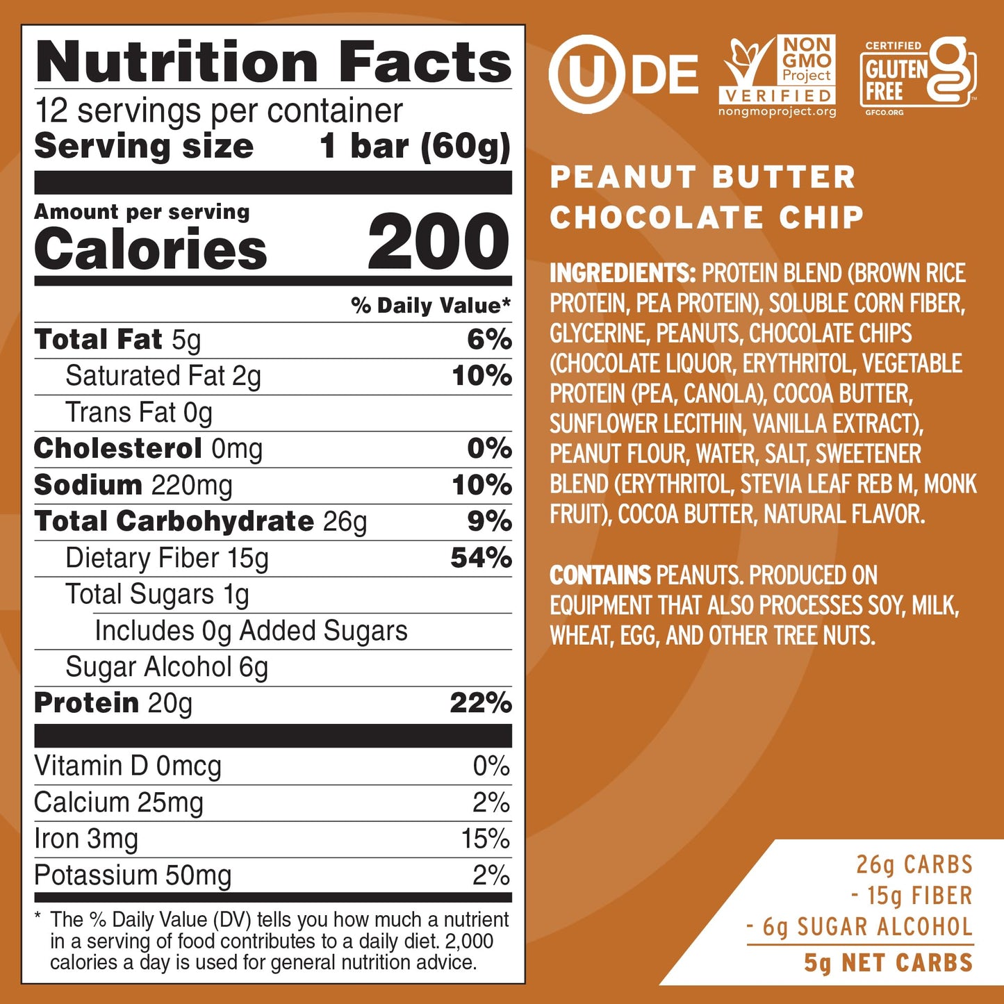 No Cow High Protein Bars, Peanut Butter Chocolate Chip - Healthy Snacks, 20g Vegan Protein, High Fiber, Low Sugar, Dairy & Glute