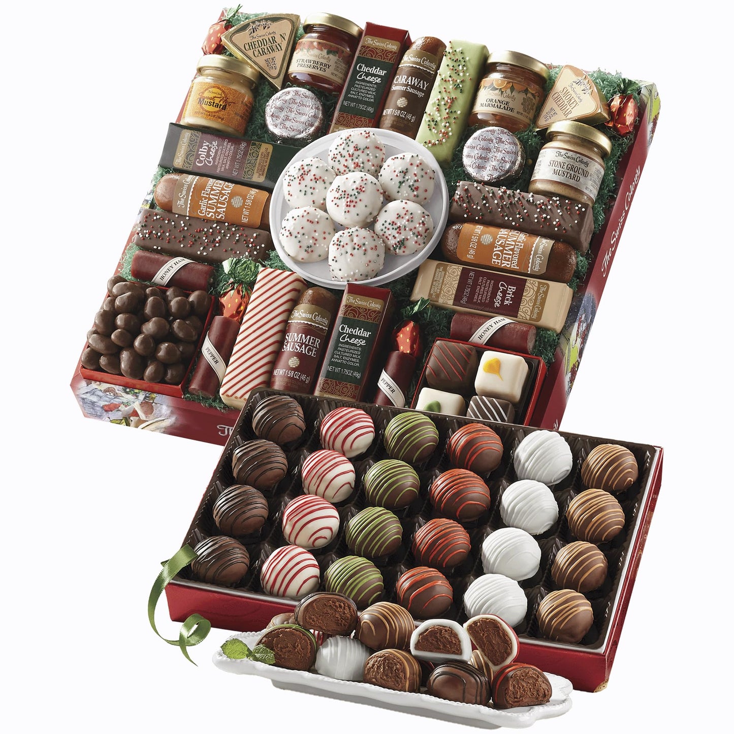 The Swiss Colony 27 Favorites And 24 Flavor Blend Truffles Christmas Gift Bundle - Assorted Cheeses Candies Chocolates Summer Sausage Meats With 24 Flavor Blend Flavored Truffles