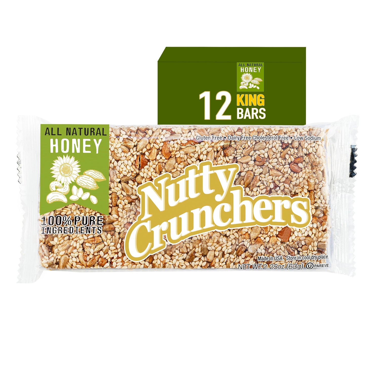 Nutty Crunchers Large Bars - All Natural Ingredients, Honey Mix, 12 King Bars/box