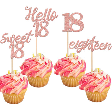 24 Pcs 18Th Birthday Cupcake Toppers Sweet 18 Hello 18 Eighteen Cupcake Picks 18Th Birthday Cake Decorations Supplies Rose Gold