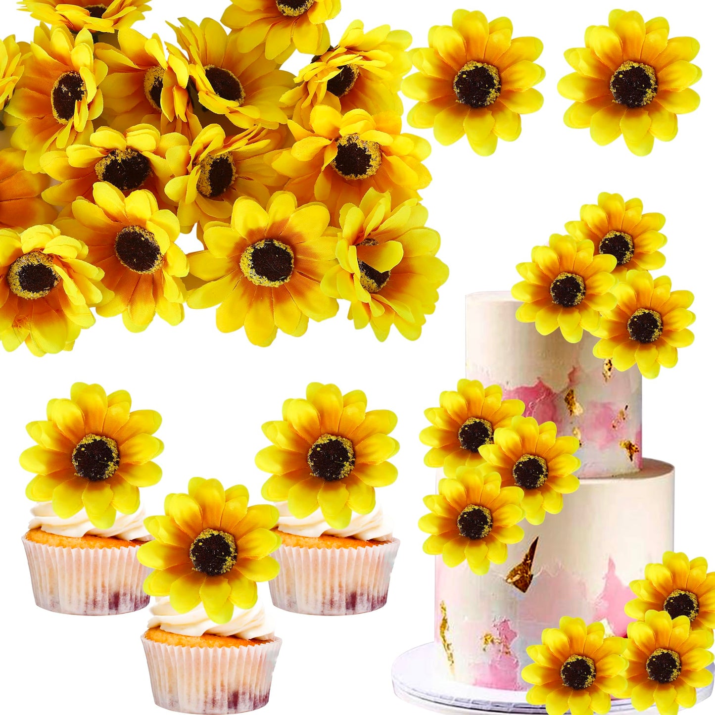 30 Pcs Inspired Design Sunflowers Heads With Stems 2.8 Artificial Sunflower Cupcake Toppers Gerbera Daisy Flowers Heads Silk Sunflowers For Diy Wedding Birthday Party Cake Decorations Supplies