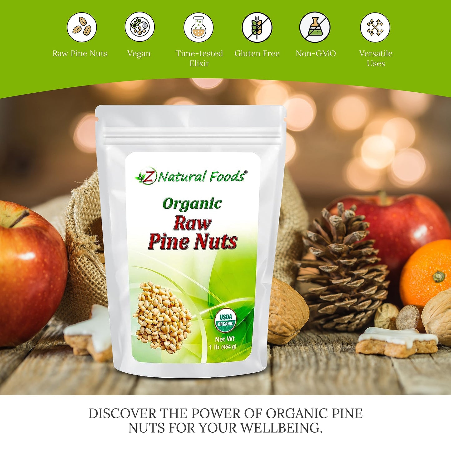 Z Natural Foods Raw Organic Pine Nuts, All Natural, 100% Pure, Vegan, Non-Gmo, Kosher, Gluten-Free Snacks, Keto-Friendly Snacks,