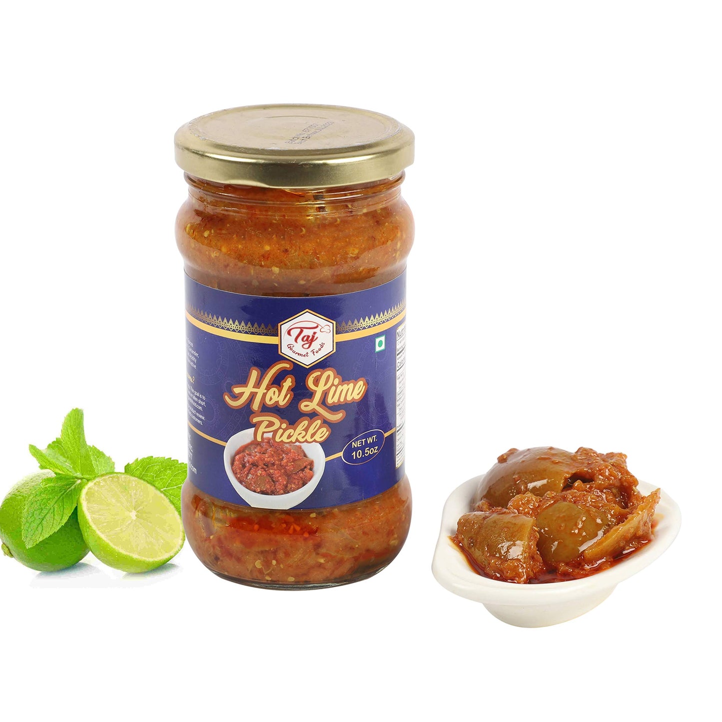 TAJ Gourmet Hot Lime Pickle - Spicy Indian Relish Achar, 10.5oz Glass Jar