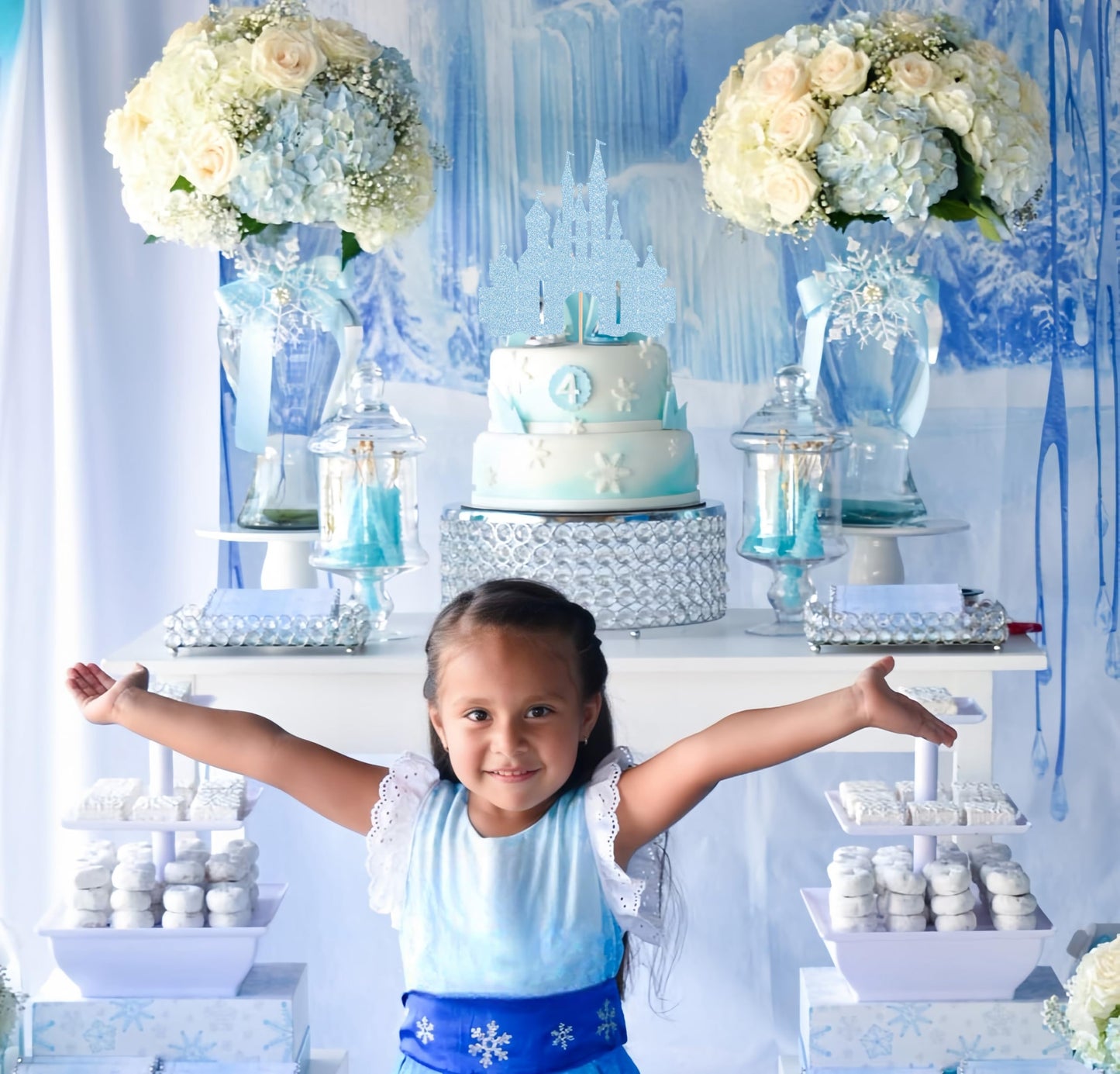 EONNCNT Castle Cake Topper - Light Blue Glitter Cardboard Decoration, 6.3 x 8.7 inches, Birthday Party Supplies