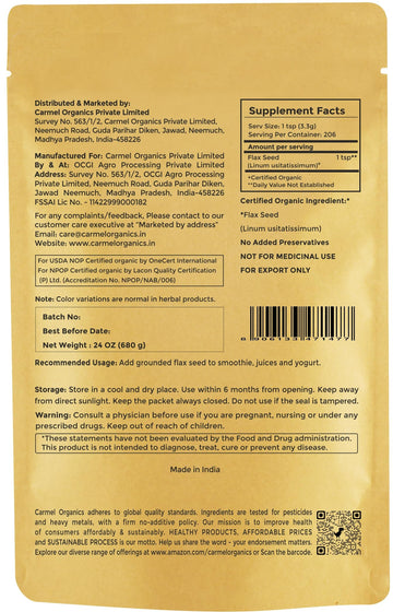 Organic Flax Seeds Whole 24 Ounce or 680 g (1.5 Lb) | Non GMO | Kosher | USDA Certified Organic | By Carmel Organics | Unroasted