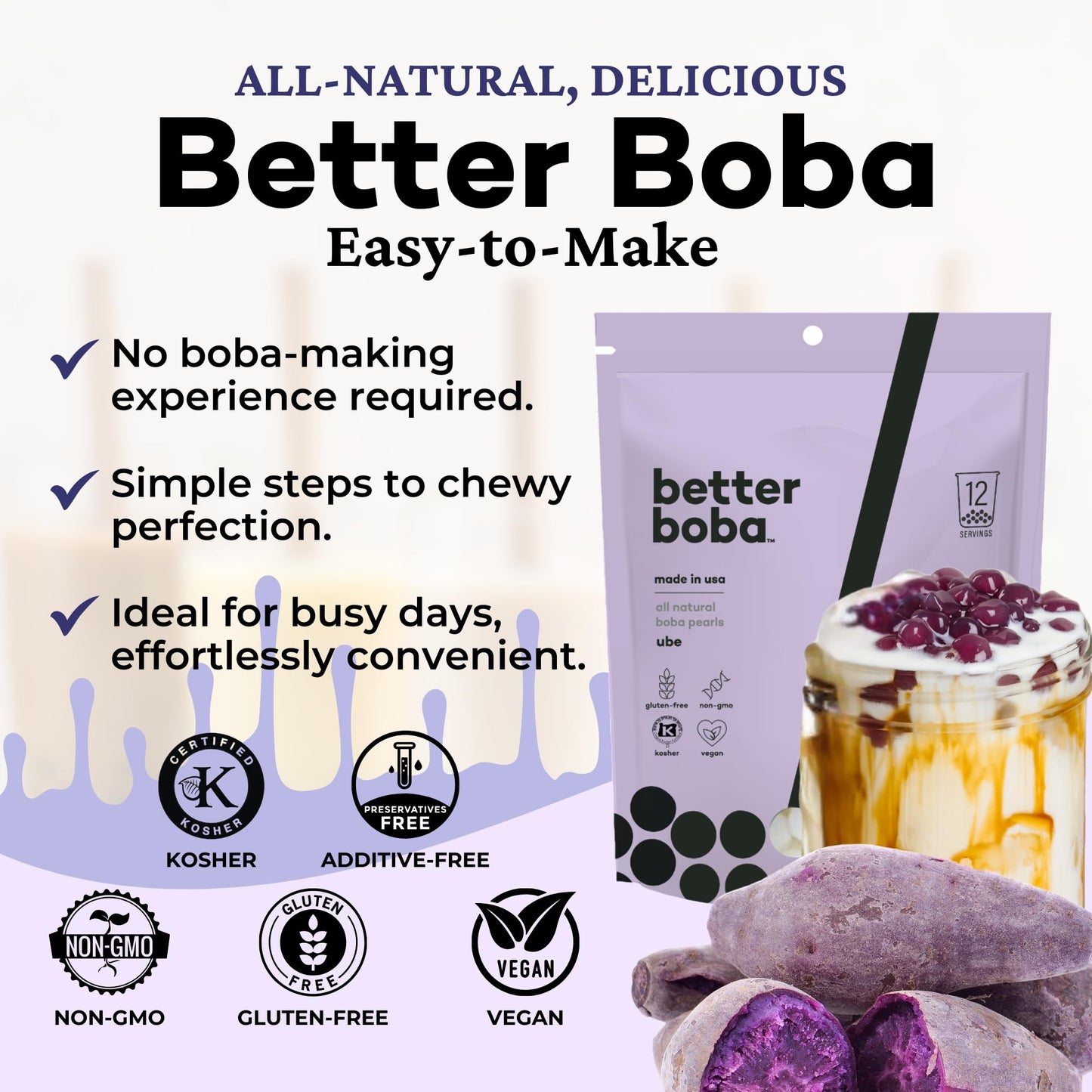 Better Boba All-Natural Ube Boba Pearls 8 Oz | Kosher, Vegan, Gluten-Free, Non-Gmo Popping Boba For Bubble Tea, Desserts | 12 Se