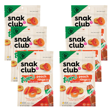 Snak Club Tajin Peach Rings, Sweet and Spicy Gummy Snacks, 5oz Resealable Bag, 6 Count