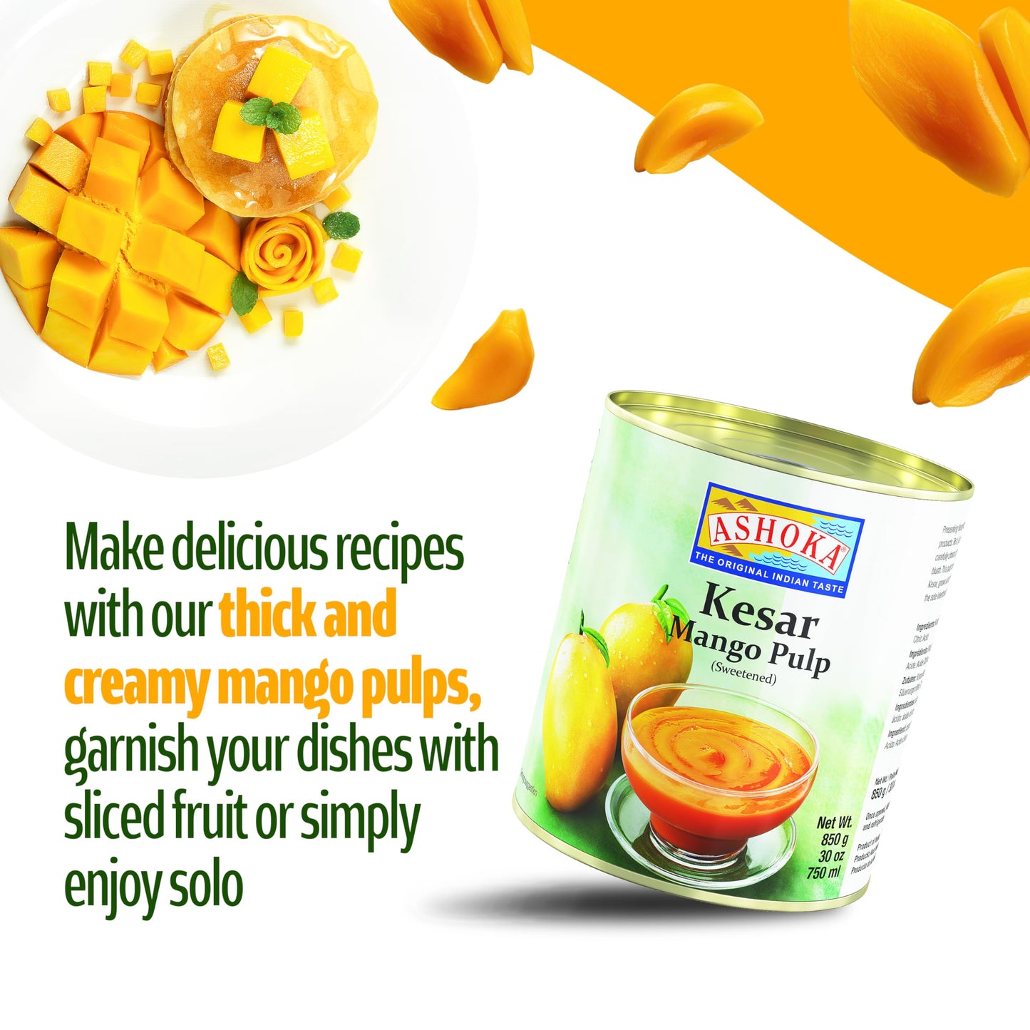 ASHOKA Premium Mango Puree, Sweetened Kesar Mango Pulp, 30 Ounce, Great for Smoothies and Juices, Rich Mango Concentrate from India