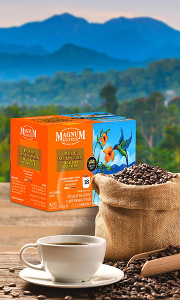 Magnum Exotics Coffee Blue Mountain Blend - Medium-Light Roast Ground Coffee Pods - 18 Count, 100% Arabica Beans