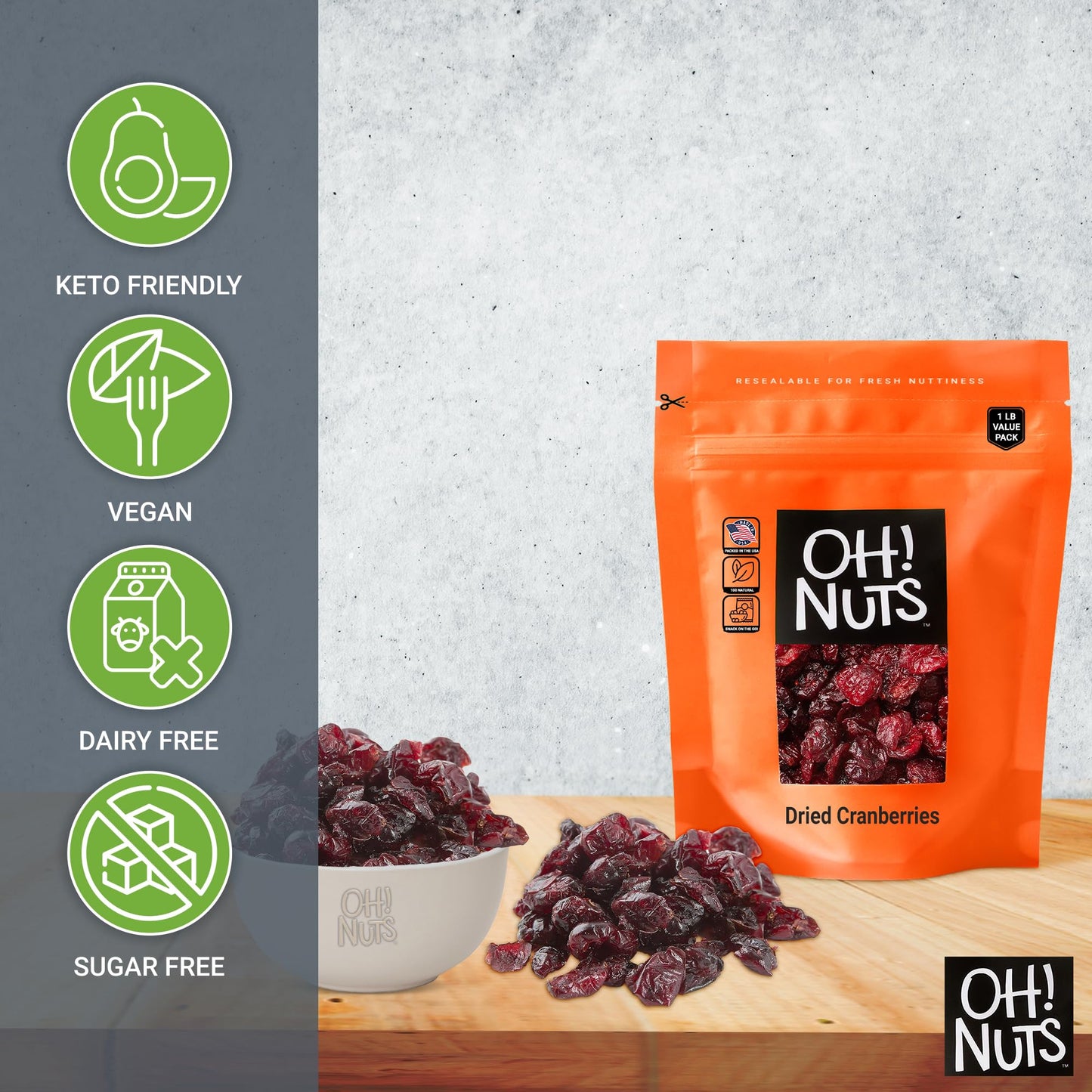 Dried Cranberries | 1Lb Bulk Bag For Snacking, Baking & Salads | Low Sodium, High Fiber, Low Cholesterol, Dairy Free, High Antioxidants, Low Fat Dehydrated Cranberry Fruit By Oh Nuts
