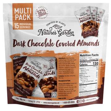 Natures Garden Dark Chocolate Covered Almonds Snack Packs, Kosher Certified, 1 Oz Bags, 15 Individual Servings