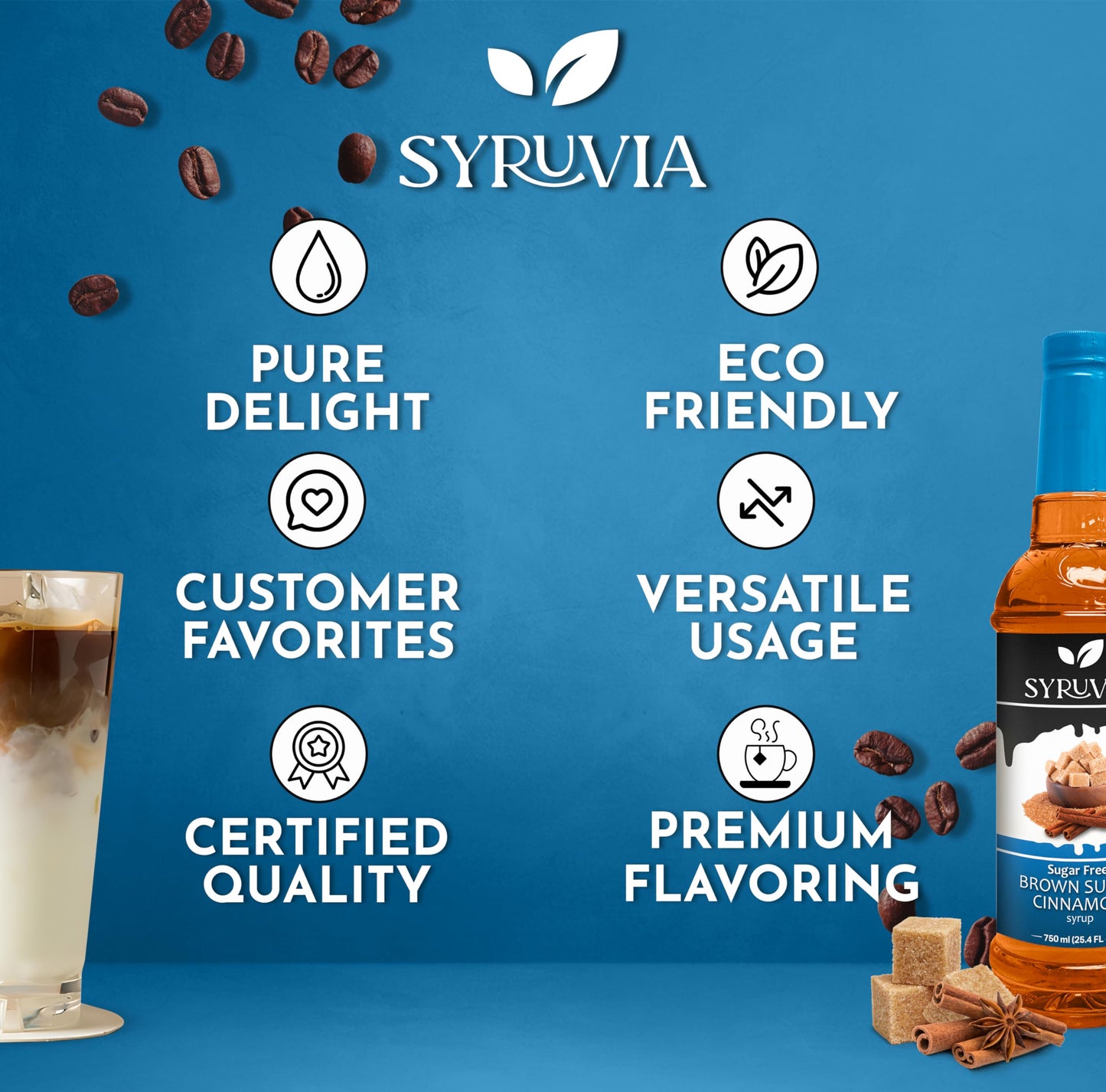 Syruvia Sugar-Free Brown Sugar Cinnamon Coffee Flavoring Syrup 25.4Oz - 0 Calories, Kosher, And Gluten-Free. Perfect For Drinks,