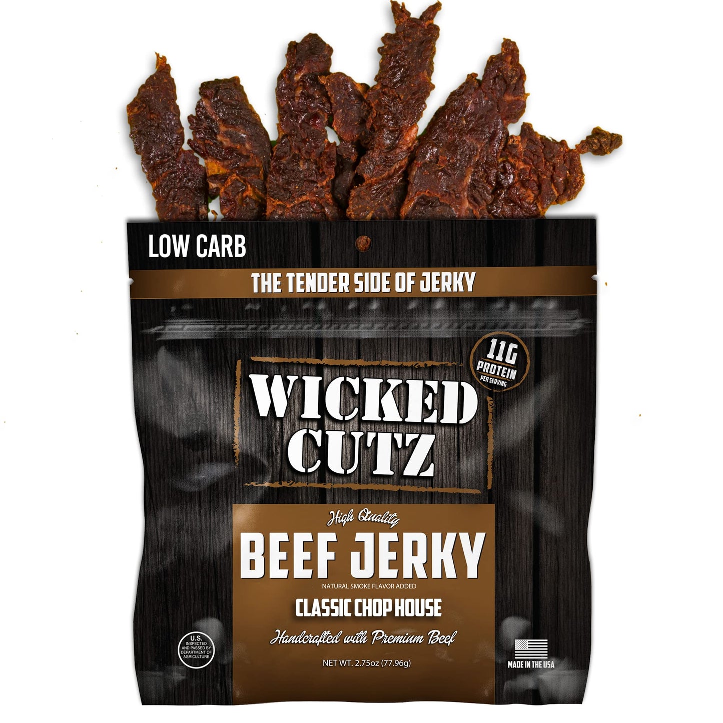 Wicked Cutz Classic Chop House Beef Jerky, Premium Low Carb Snack, 33g Protein, 2.75 oz (Pack of 2)