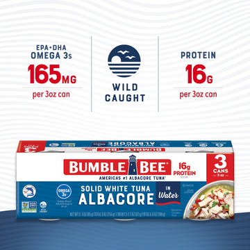 Bumble Bee Solid White Albacore Tuna in Water, 3 oz Can (Pack of 3) - Wild Caught Tuna - 16g Protein per Serving, High in Omega-