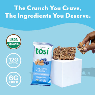 Tosi Cashew Blueberry Protein Bars, Plant Based with Nuts, Gluten-Free Crunchy Snacks, Vegan, Organic, Flax & Chia Seeds, Soy-Fr