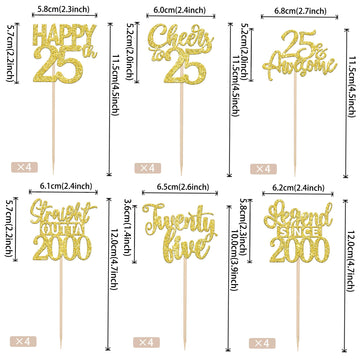24Pcs Gold Happy 25Th Birthday Cupcake Toppers Twenty Five Straight Outta 2000 Cupcake Picks Cheers To 25 Lengend Since 2000 Cak
