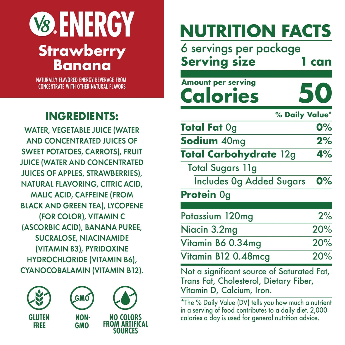 V8 Energy Drink, Strawberry Banana, Pack of 6 (8 FL OZ)