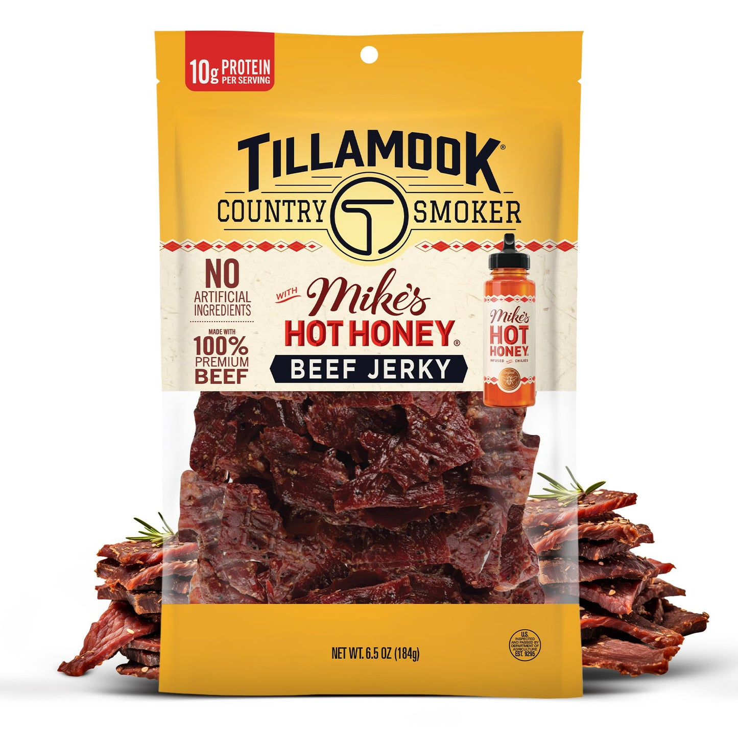 Tillamook Country Smoker Top-Grade Beef Jerky MikeS Hot Honey 6.5 Ounce Real Hardwood Rich Flavor Beef Low Carb High Protein Ready To Eat Sweet & Spicy Snack