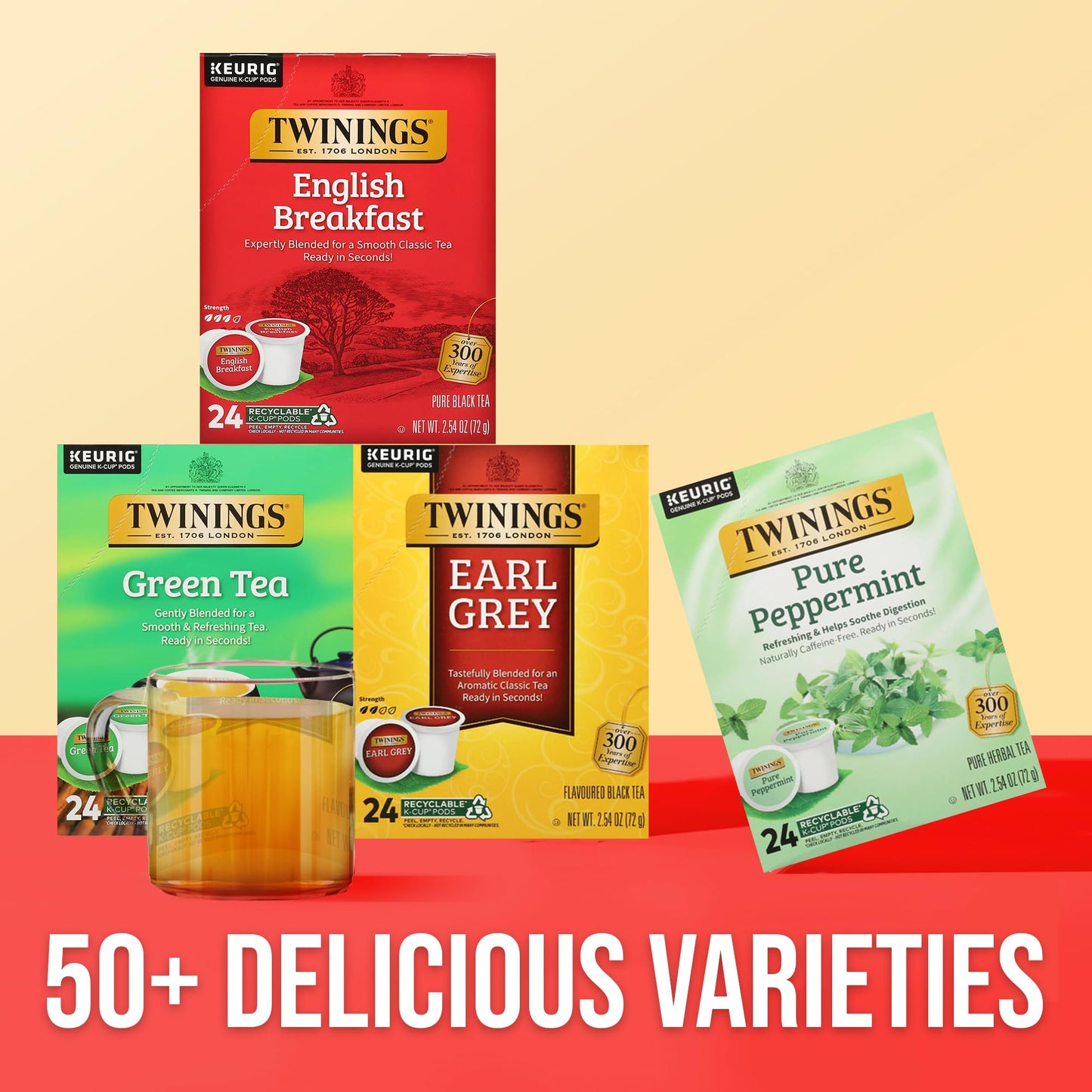 Twinings K-Cup Pods Sampler, English Breakfast, Earl Grey, Green, Pure Peppermint Tea, 24 Count (Pack of 4) for Keurig malt-inspired