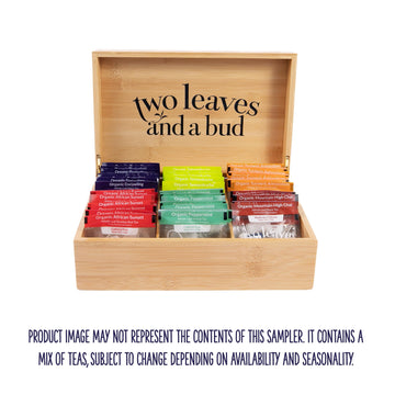 Two Leaves And A Bud Organic Tea Sampler In 6-Slot Bamboo Presentation Box - Filled Gift Box With Tea Assortment Of Green, Black