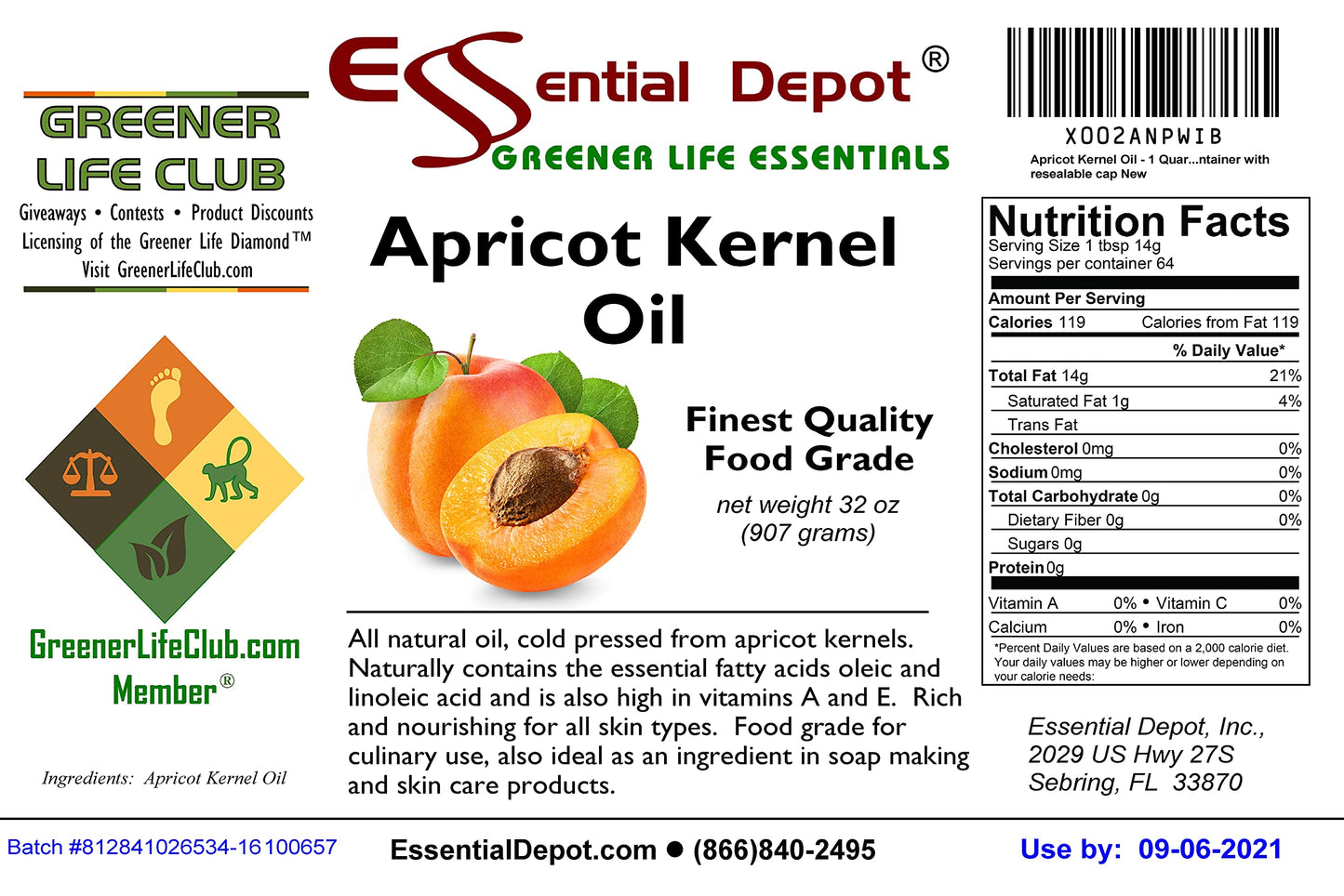 Apricot Kernel Oil - 1 Quart - 32 Oz - Food Grade - Safety Sealed Hdpe Container With Resealable Cap
