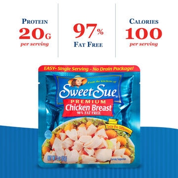 Sweet Sue Premium Chicken Breast, 3 Ounce (Pack Of 18) - 19G Protein Per Serving, 97% Fat Free - Gluten Free, Keto Friendly - Great For Snack, Lunch Or Dinner Recipes