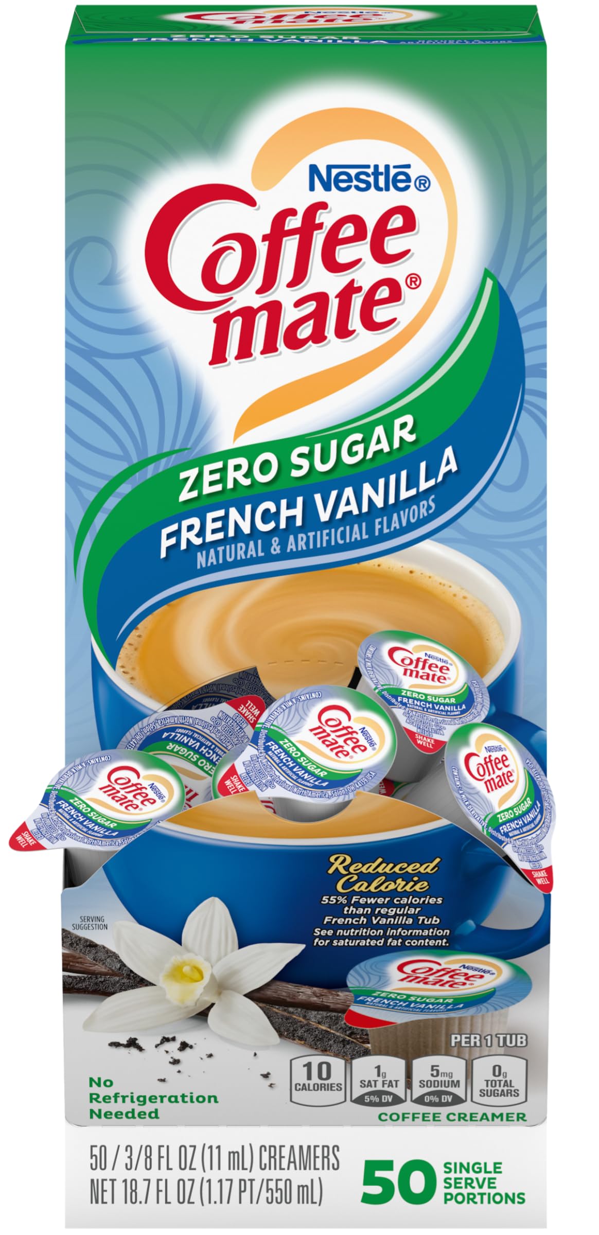Nestle Coffee Mate Liquid Coffee Creamer Singles, Zero Sugar French Vanilla, 50 Ct Box (Pack Of 2)