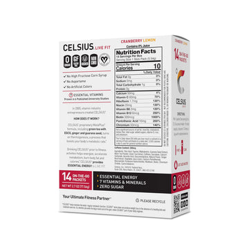 CELSIUS On-the-Go Powder Sticks Cranberry Lemon, Essential Energy 2.6 Oz (14 Sticks per Pack)