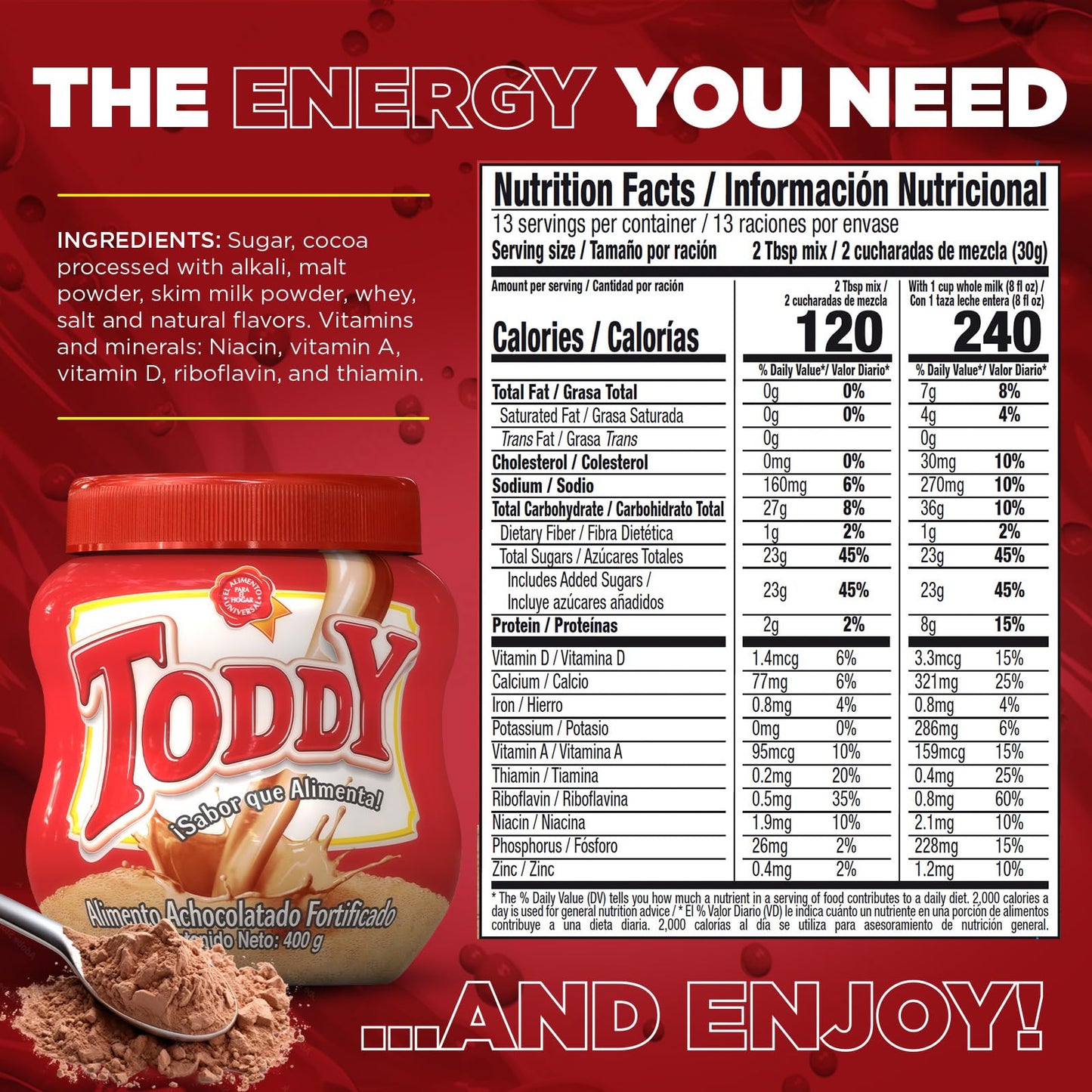 Toddy Chocolate Powder Drink Mix - Breakfast Shake With Vitamins And Proteins, Instant Hot And Cold Beverage For Kids & Adults,