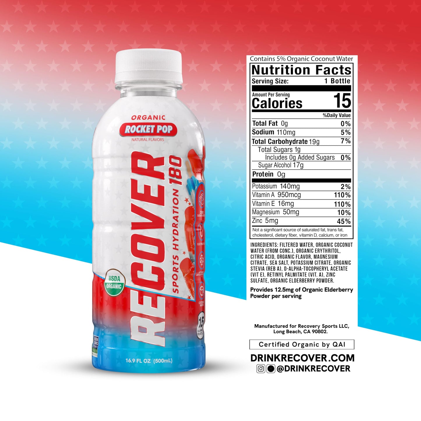 RECOVER 180 Organic Sports Hydration Drink, No Sugar, 20 Calories, Electrolytes, 16.9 Fl Oz (Pack of 12), Rocket Pop Flavor