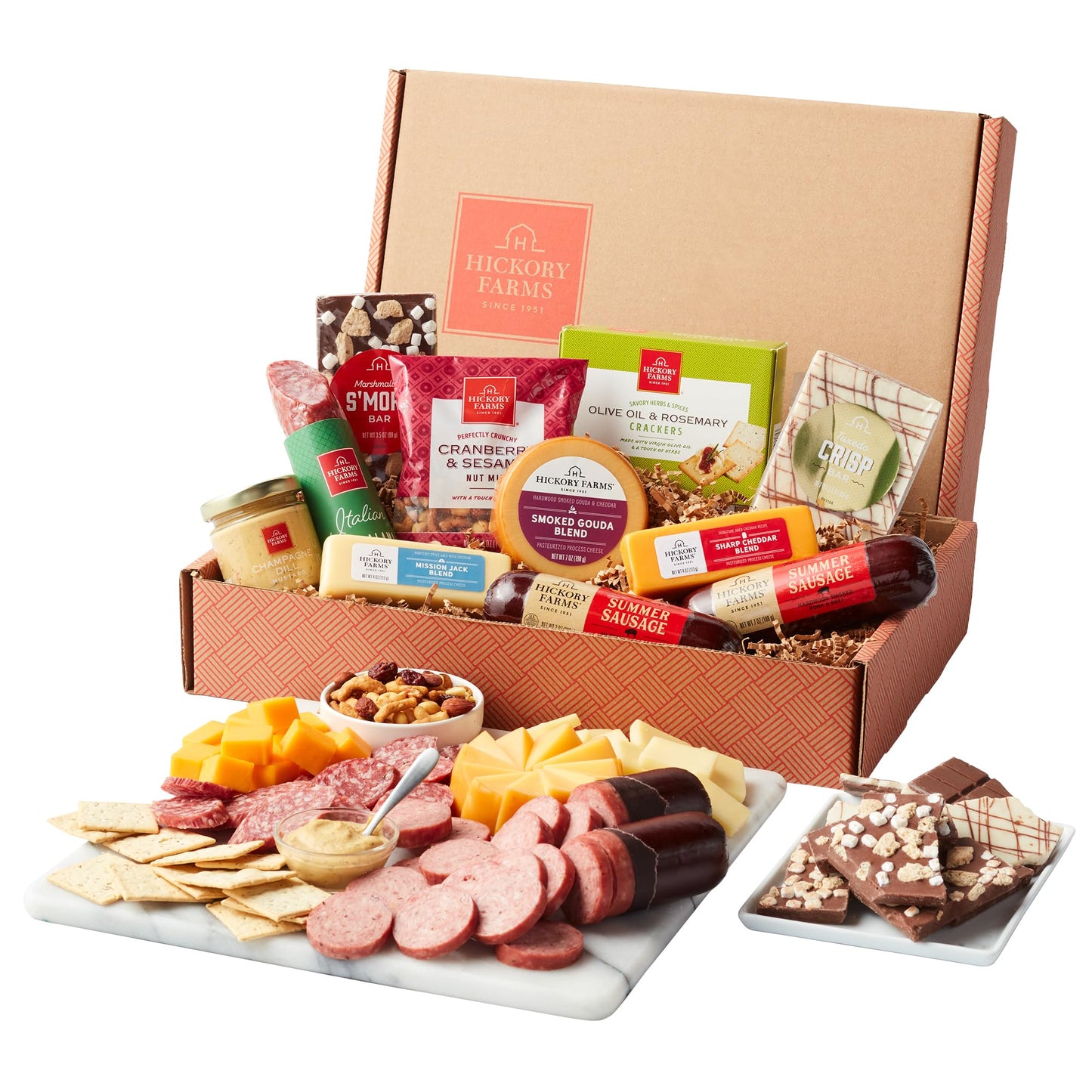 Hickory Farms Farmhouse Summer Sauage And Italian Dry Salami Charcuterie Meat, Cheese, Cracker, And Chocolate Food Gift Basket (