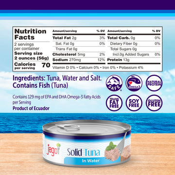 JEGO Solid Tuna in Water - Wild Natural Catch, Keto, Low Carb, Gluten Free, 5oz Can, Pack of 12