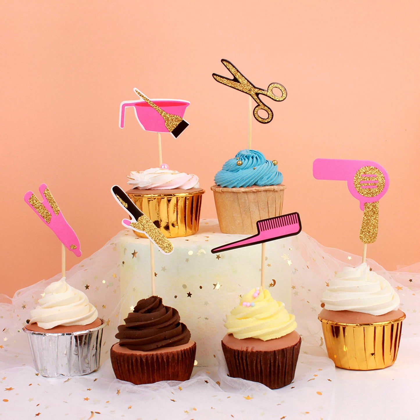 Ercadio Cupcake Toppers, 36 Pack Gold Glitter Haircut Theme, Bridal Shower/Bachelorette Party Decorations, Model NQ-21-053