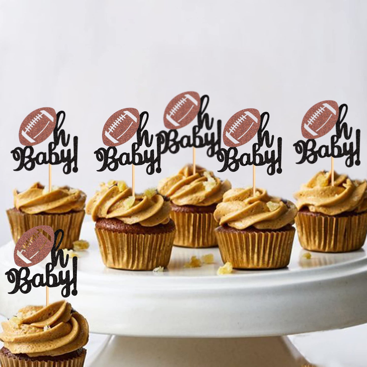 Ercadio 24 Pack American Football Oh Baby Cupcake Toppers Black Glitter Rugby Oh Baby Cupcake Picks Sports Theme Oh Baby Cupcake