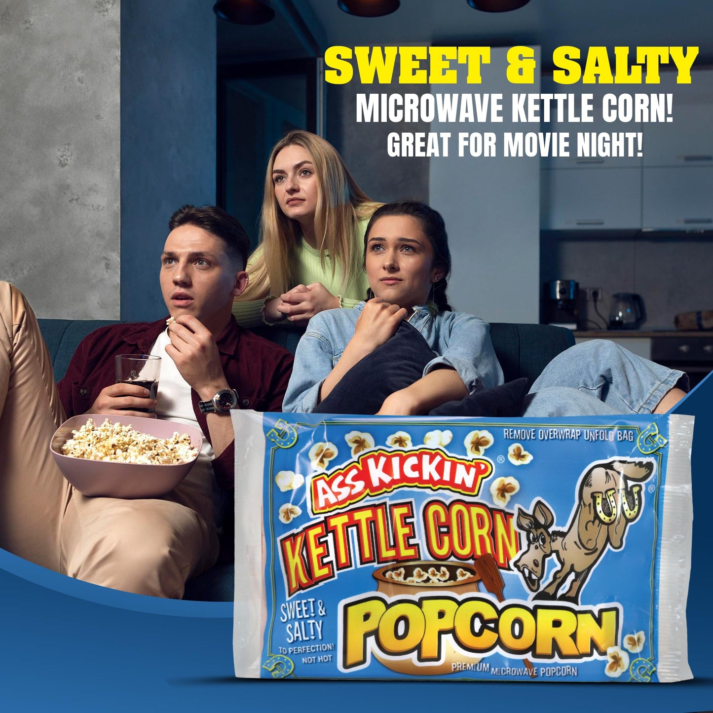 ASS KICKIN Kettle Corn Microwave Popcorn - Sweet Gourmet Snack - 12 Pack - 0.08 Ounce Each