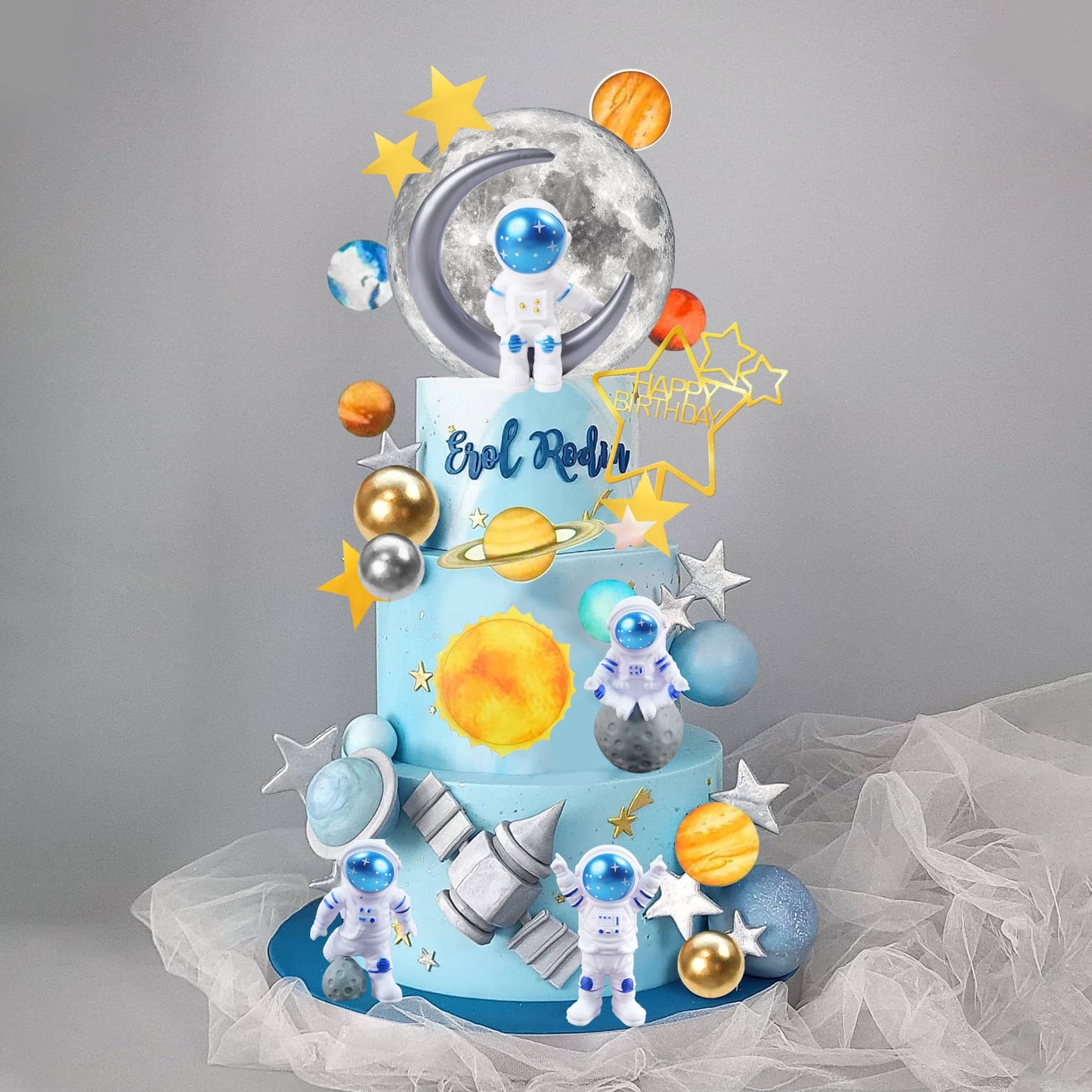 34 Pcs Space Cake Toppers Outer Space Astronaut Figurines Planet Satellite Balls And Stars Kids Space Theme Decorations For Birt