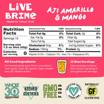 Olive My Pickle Probiotic Pickle Juice - 234 Ounces | 12 Pack Bundle Of Livebrine Aji Amarillo & Mango Pickle Juice With Natural