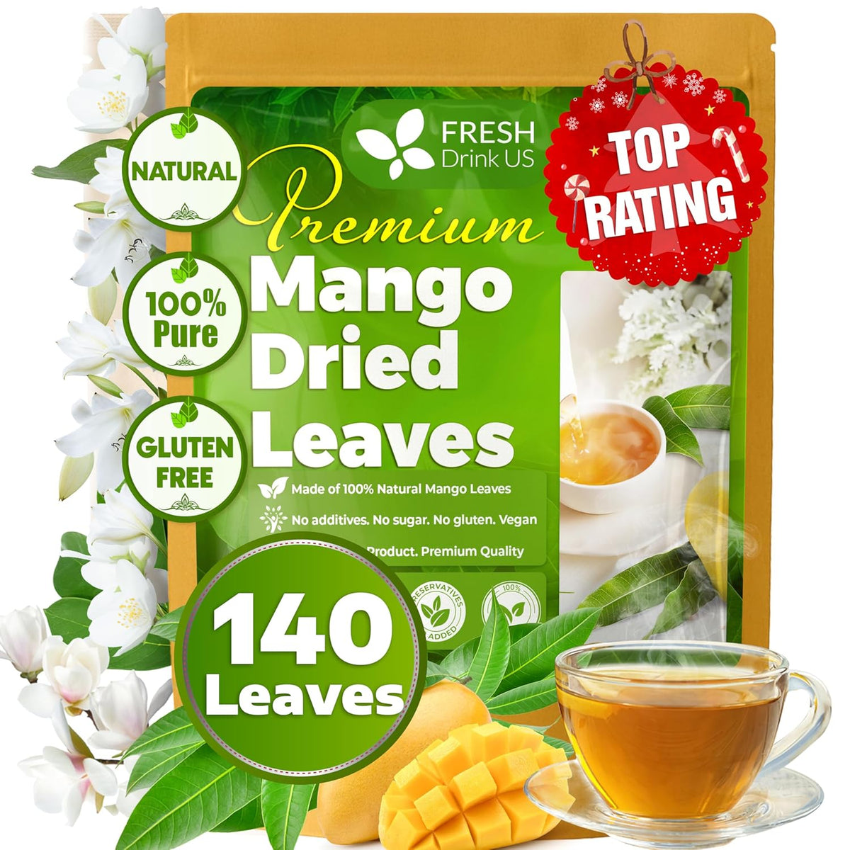 Mango Leaf, Whole Dried Leaves, Tea Bags, Powder, 100% Natural & Pure from Mango Leaves. Mango Dried Leaves. Loose Leaf Mango Herbal Tea. Mango Leaf Tea. No Sugar, No Caffeine, No Gluten, Vegan.