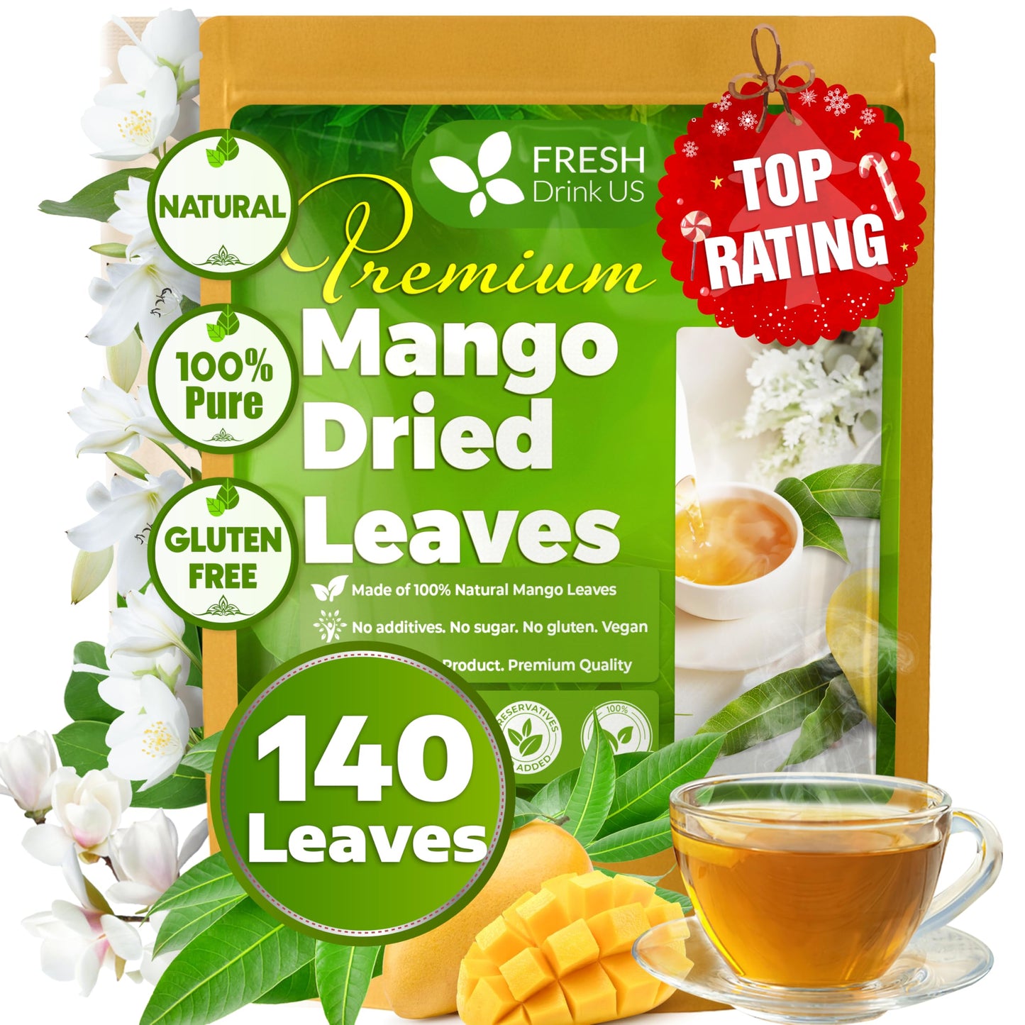 Freshdrinkus Top-Grade 140+ Mango Whole Leaves Dried 100% Natural & Pure From Dried Mango Leaves Tea No Additives No Energy Blend Vegan