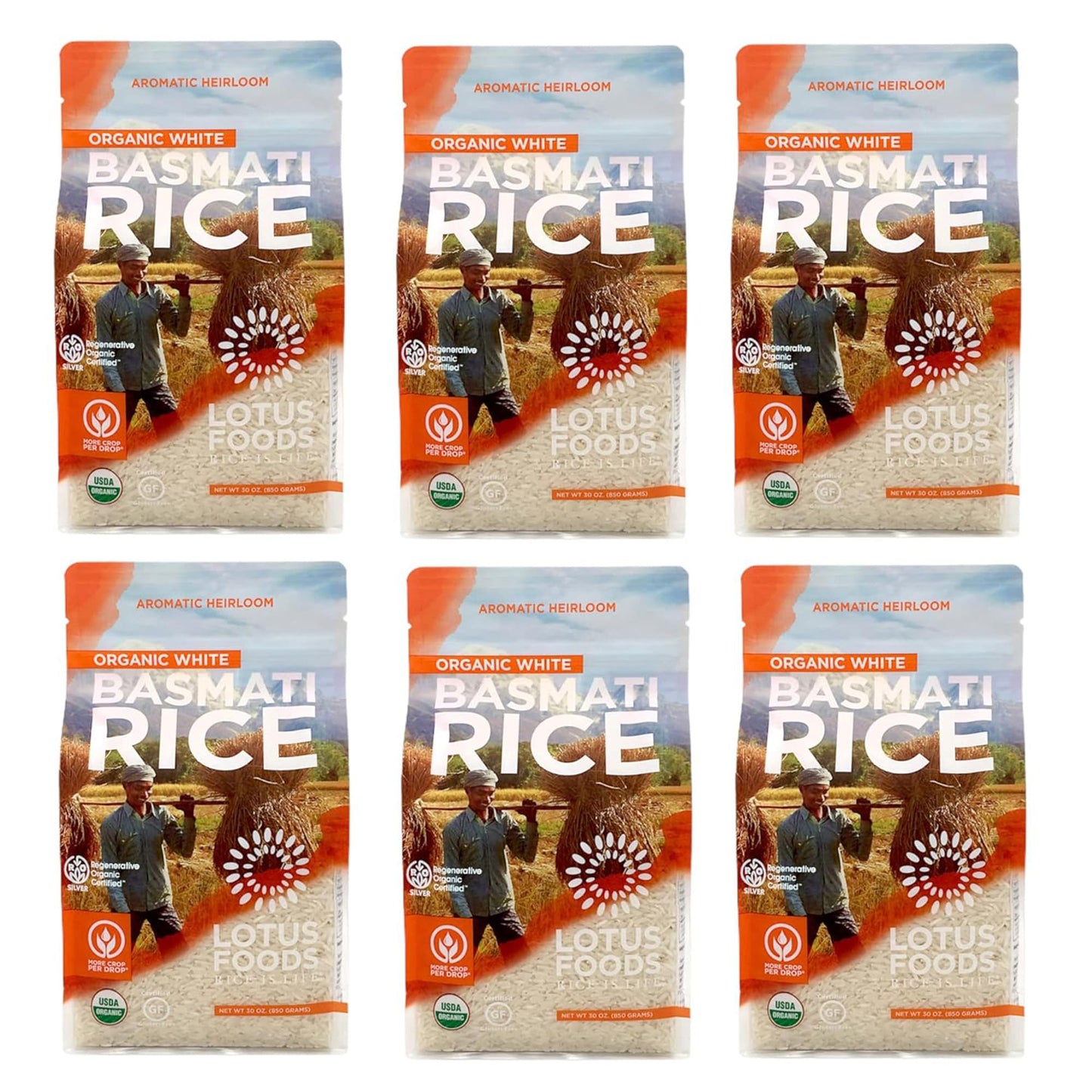 Lotus Foods Regenerative Organic White Basmati Rice - Gluten Free Long Grain White Rice Vegan Non GMO Use for Curries Stir Fries Rice Pudding Salad and More - 30 Oz Bag (Pack of 6)