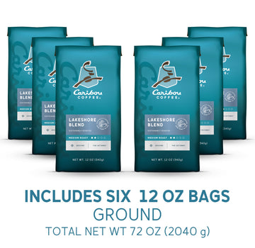 Caribou Coffee, Medium Roast Ground Coffee - Lakeshore Blend 72 Ounces (6 Bags Of 12 Ounces)