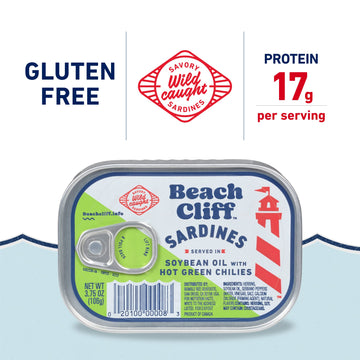 Beach Cliff Wild Caught Sardines In Soybean Oil With Hot Green Chilies, 3.75 Oz Can (Pack Of 12) - 17G Protein Per Serving - Glu