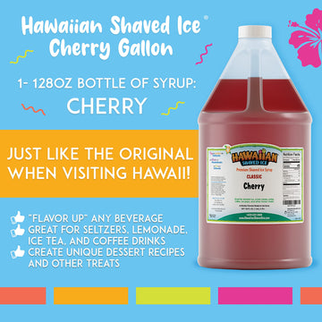 Hawaiian Shaved Ice Cherry Syrup Gallon, 128 Fl Oz, Nut-Free, Dairy-Free, Ideal for Slushies, Italian Soda, and Popsicles